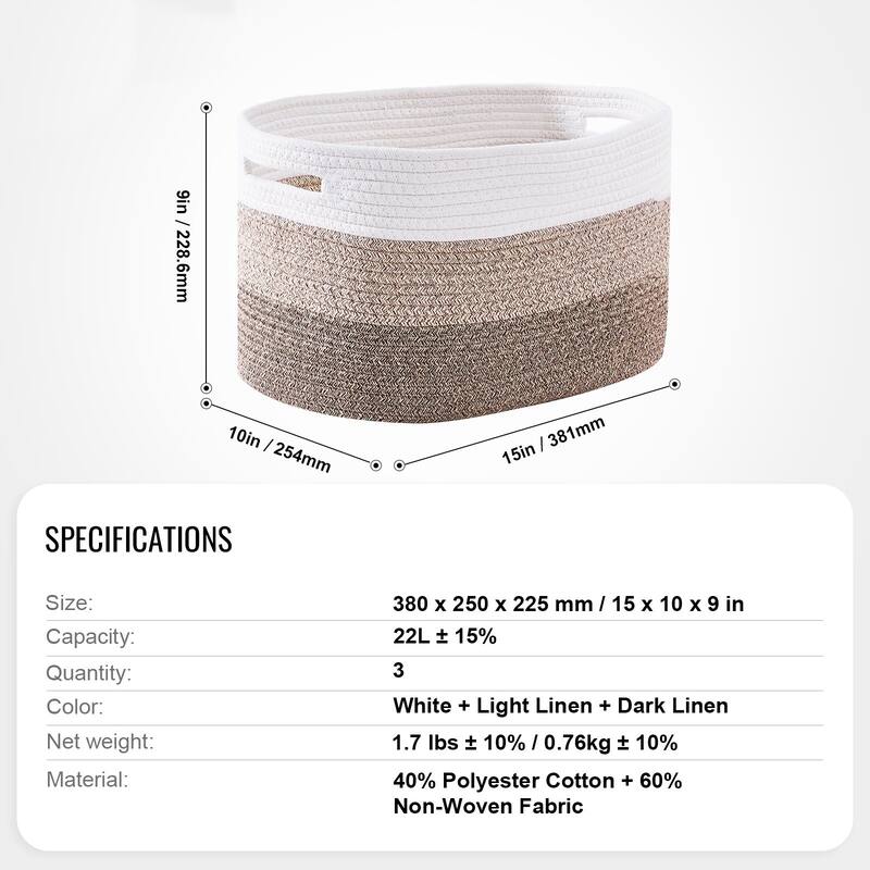 Cotton Rope Storage Baskets Set of 3 Woven Organizers for Home Use - 15 x 10 x 9 in