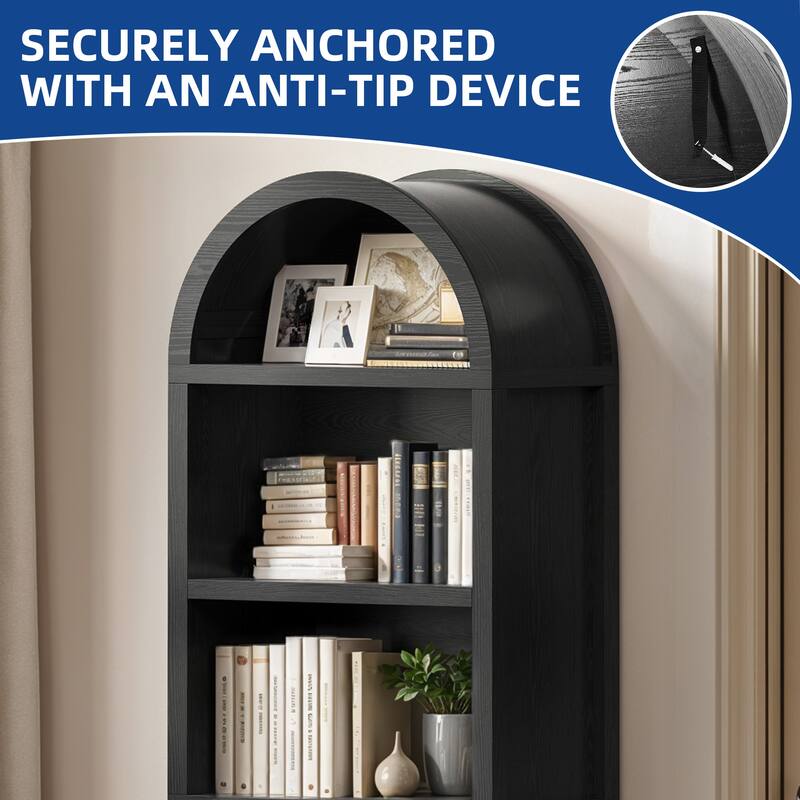 Moasis 71"/68" Tall Arched Bookshelf with Storage, Arched Bookcase with 2 Drawers and Doors