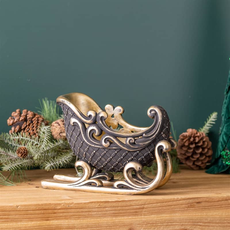 Black and Gold Holiday Sleigh Decor Polyresin Figurine for Mantle or Bookshelf Display - 10”L x 4”W x 7”H