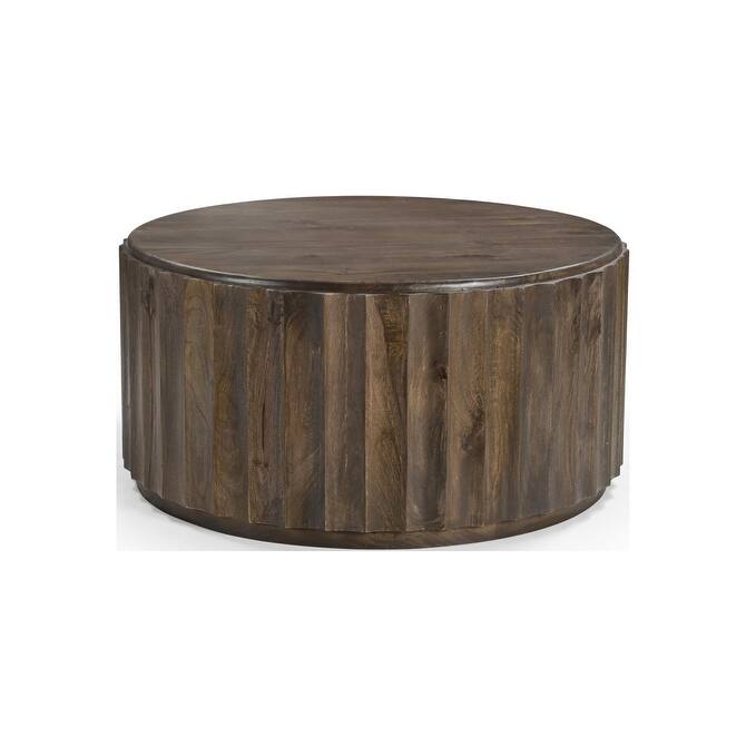 HomeRoots 36" Brown Solid Wood Round Drum Coffee Table - 36.00 in. x 18.00 in. x 36.00 in.