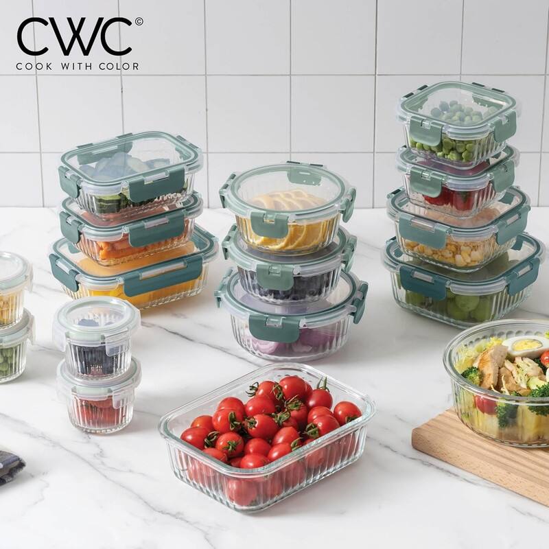 COOK WITH COLOR Premium 32-Pc. Borosilicate Glass Food Container Set with Dividers Leakproof Lids - Meal Prep, Storage