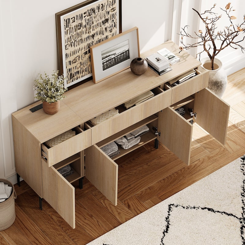 63" Wooden Reeded Sideboard With Doors And Drawers, 3-In-1 Modern Credenza With Charging