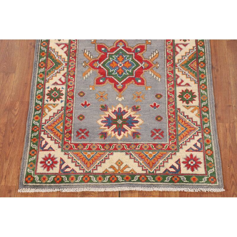 Geometric Kazak Rug Handmade Foyer Wool Carpet - 2'9" x 4'0"