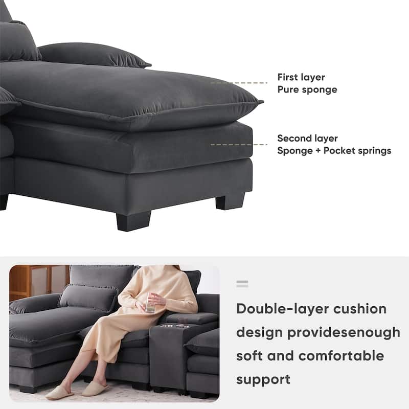 123*55" Modern U-shaped Sofa with Console,Cupholders and USB Ports