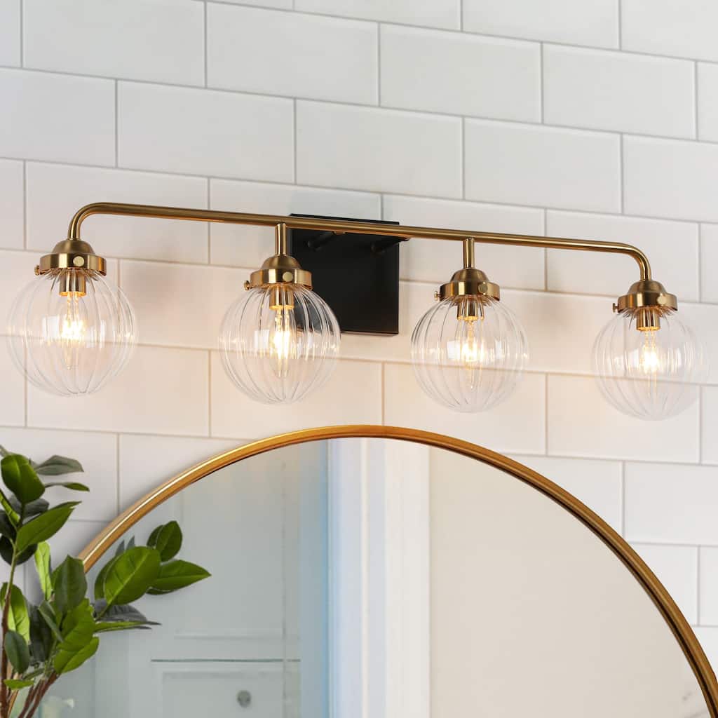 2/3/4-Light Black Gold Bathroom Vanity Light Modern Ribbed Glass Wall Sconces