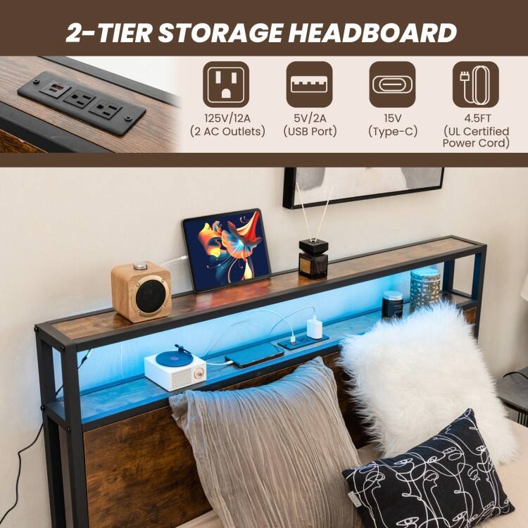 Full/Queen Size Bed Frame with Smart LED Lights and Storage Drawers