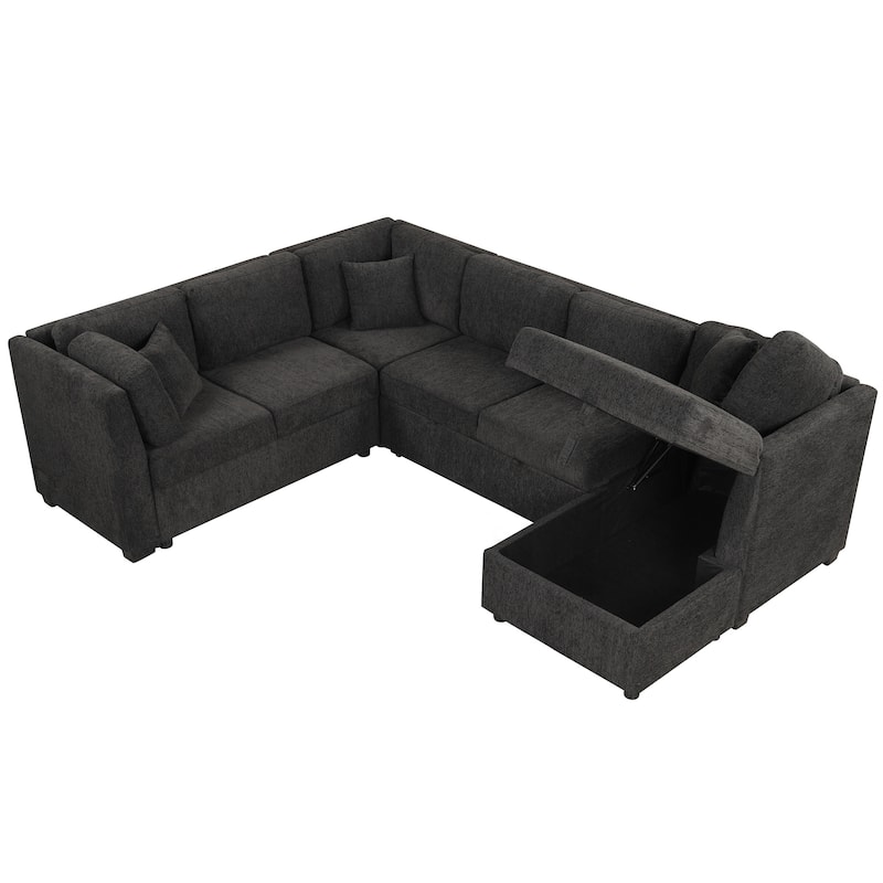 108.6" U-Shaped 6 Seater Sectional Sofa with Pull-Out Bed, 3 Pillows, Storage Chaise, USB Ports, and Power Sockets