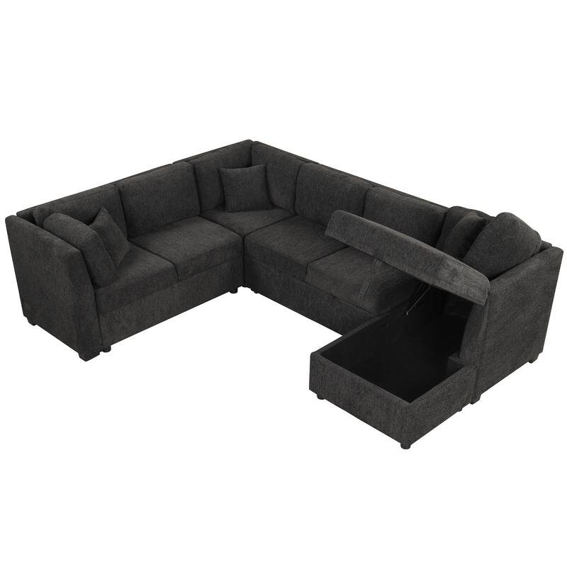 U-shaped Sectional Sofa Pull out Sofa Bed with Two USB Ports, Two Power Sockets, Three Back Pillows and a Storage Chaise