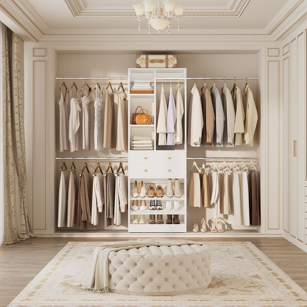 Closet Organizer with 5 Hanging Rods and 2 Drawers, Adjustable Closet System with Shelves and Shoe Rack