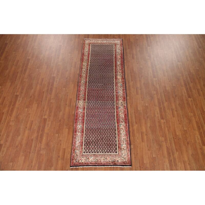 Hand Knotted Oriental 100% Wool Carpet Traditional All-Over Greys & Charcoal Botemir Runner Rug - 10' 4'' X 3' 4''