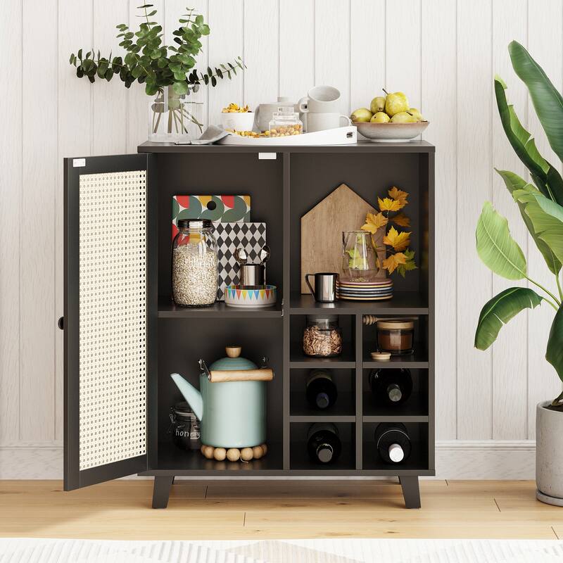 Rossetta 47'' Modern Rattan-Front Door Sideboard Cabinet with Open Shelves and Protective Foot Pads