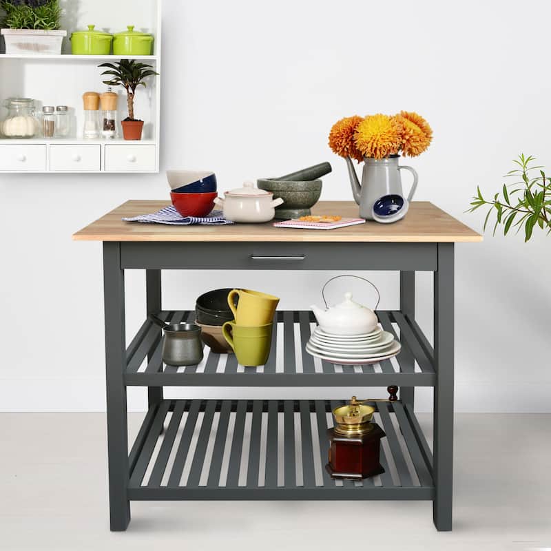 2-shelf Natural Solid Wood Top Kitchen Island - N/A