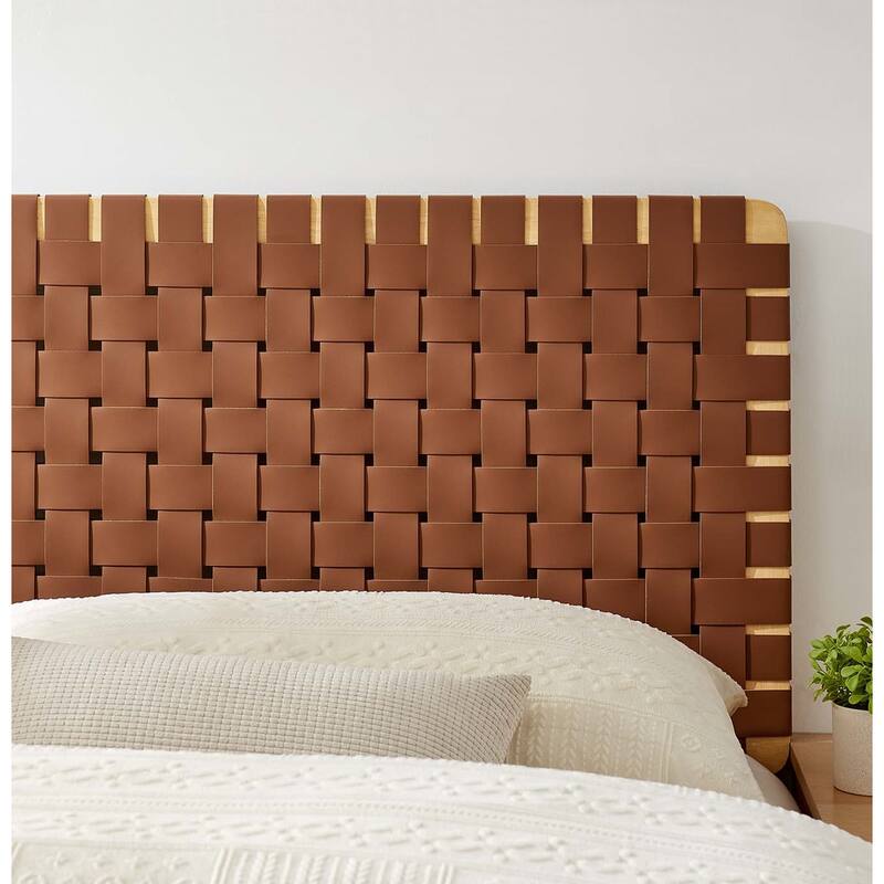 Ditmas Solid Wooden Brown Leather Basket Weaved Queen Size Headboard