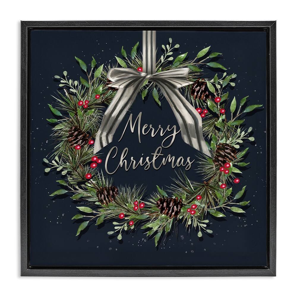 Stupell Hanging Christmas Wreath with Bow Framed Floater Canvas Wall Art Design By Elizabeth Tyndall