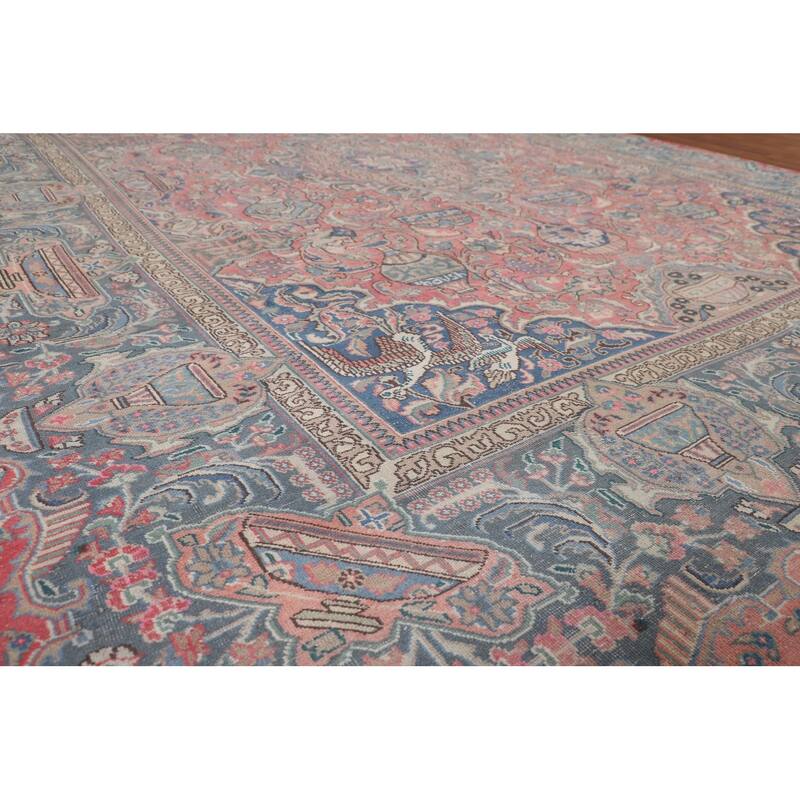 Animals Pink Kashmar Persian Vintage Area Rug Hand-Knotted Wool Carpet - 9'5"x 12'9"