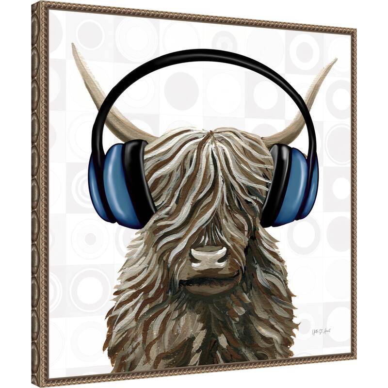 Music Cow Blue Crop by Yvette St. Amant Framed Canvas Wall Art Print - Sylvie Beaded Bronze