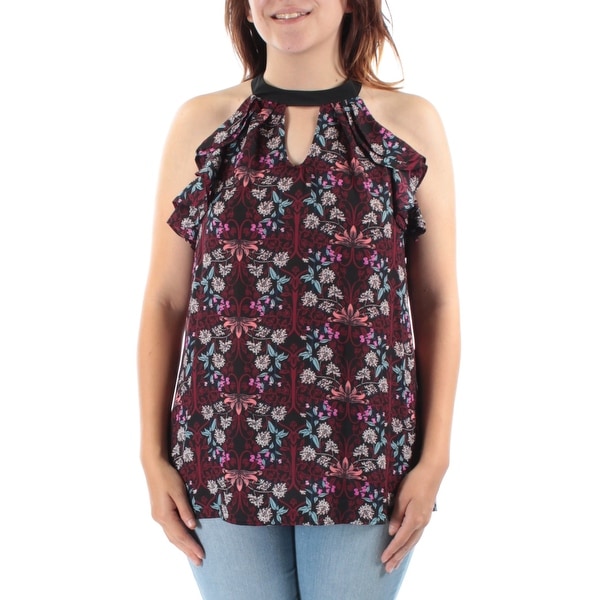 NY COLLECTION Womens Green Ruffled Floral Sleeveless Keyhole Vest Top Size: S