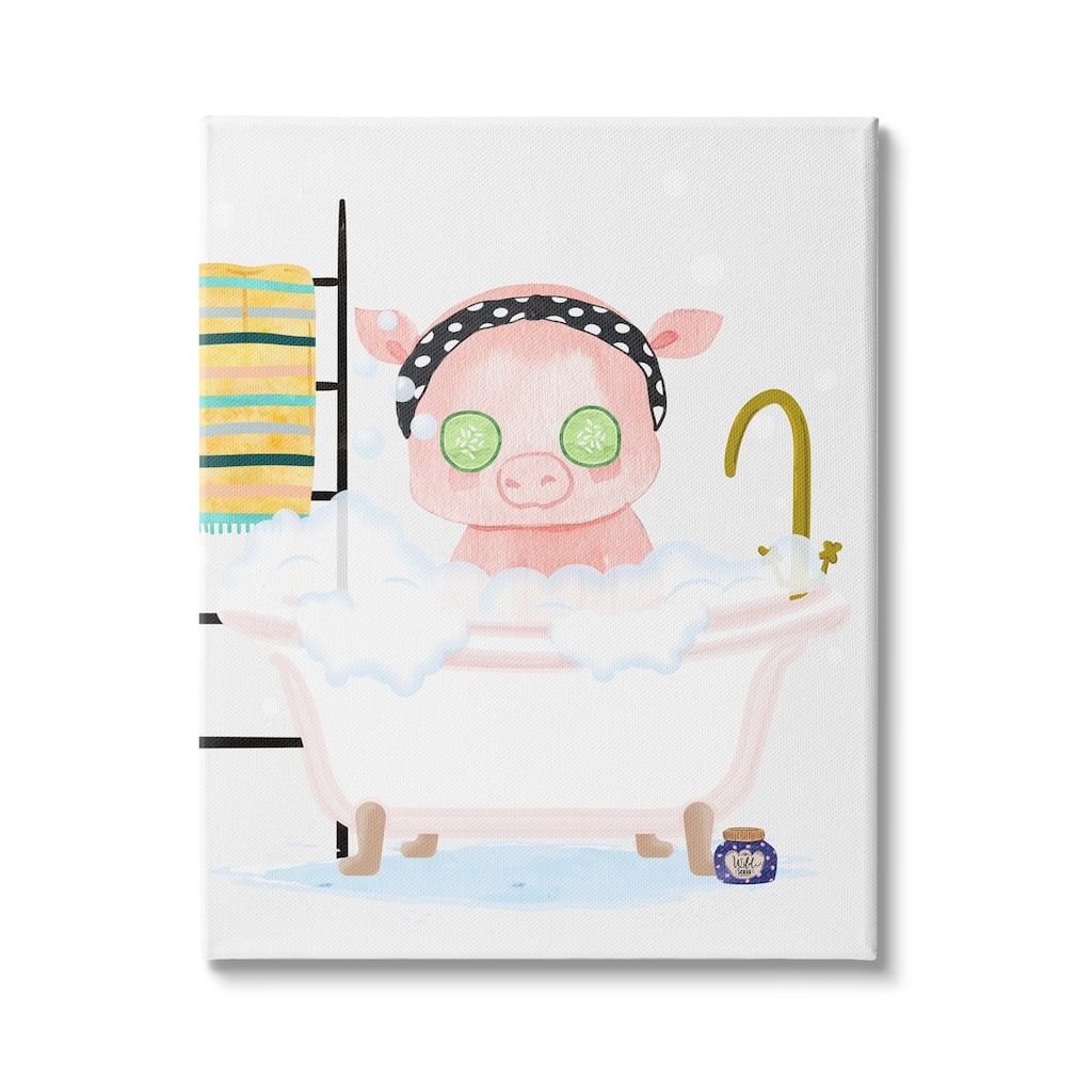 Stupell Children's Pink Pig Bubble Bath Cute Bathroom Canvas Wall Art - White