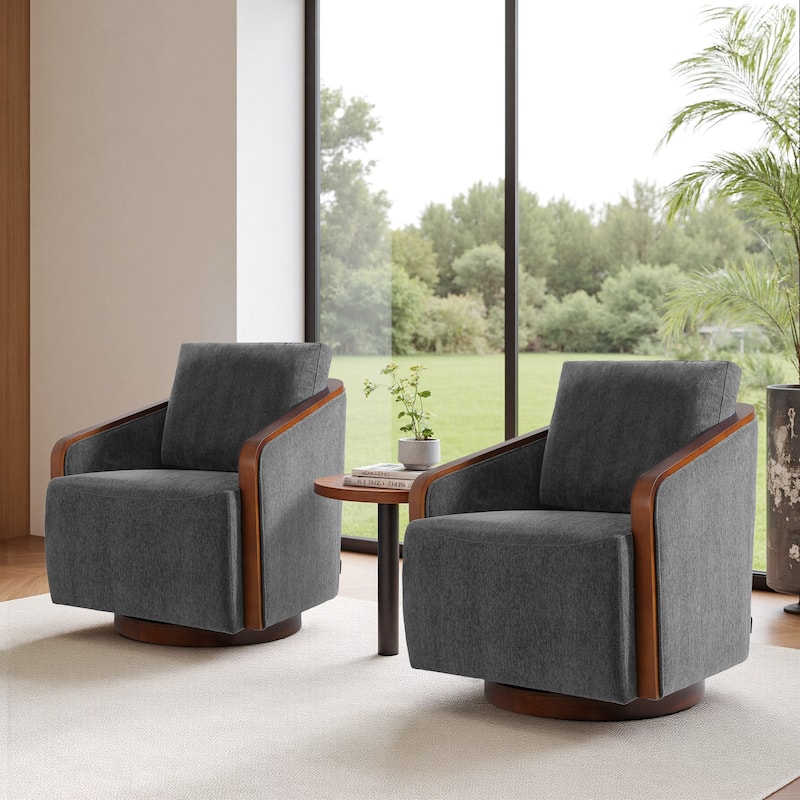 Set of 2 Modern Swivel Accent Barrel Chairs with Wood Arms
