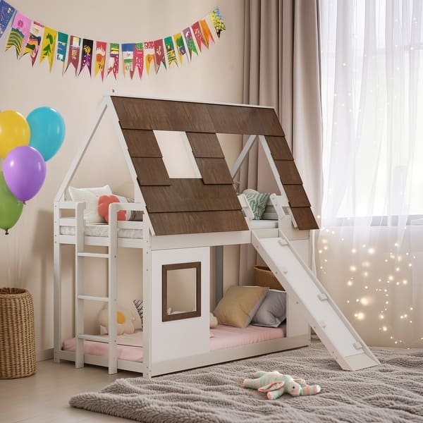 slide 2 of 22, Twin Size House Bunk Bed with Window Roof Shape Design