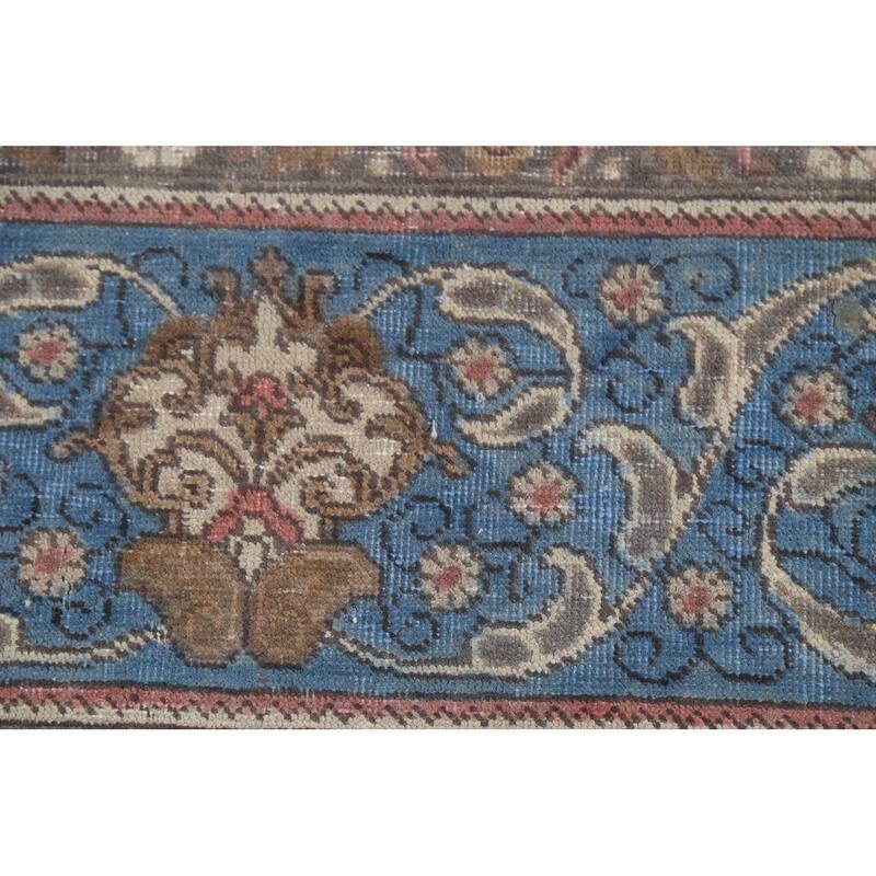 Distressed Tabriz Persian Vintage Rug Hand-Knotted Blue Wool Carpet - 10'0"x 13'4"
