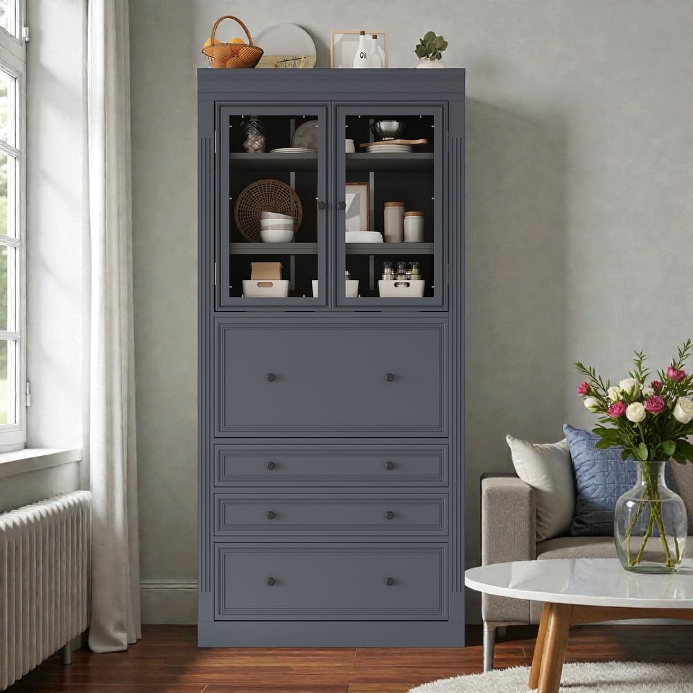 78" Freestanding Kitchen Pantry Cabinet with 3 Drawers, Glass Doors, Adjustable Shelves and Built-In Power Outlet