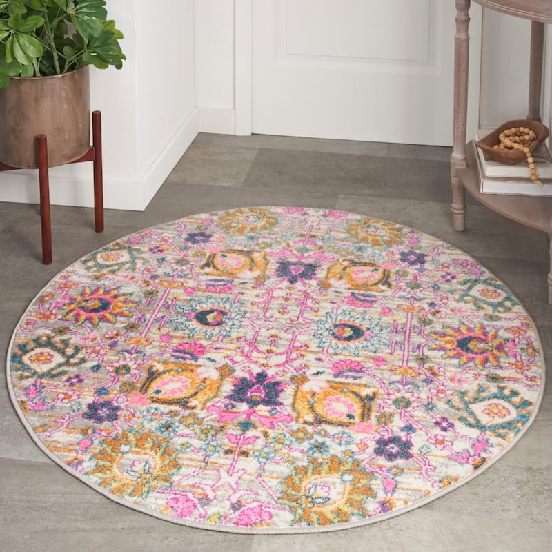 Nourison Passion Boho French Country Floral Area Rug. - 4' Round - Silver - Runner