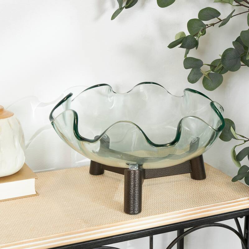 Clear Glass Floral Inspired Serving Bowl with Bronze Hammered Y-Shaped Stand - Clear