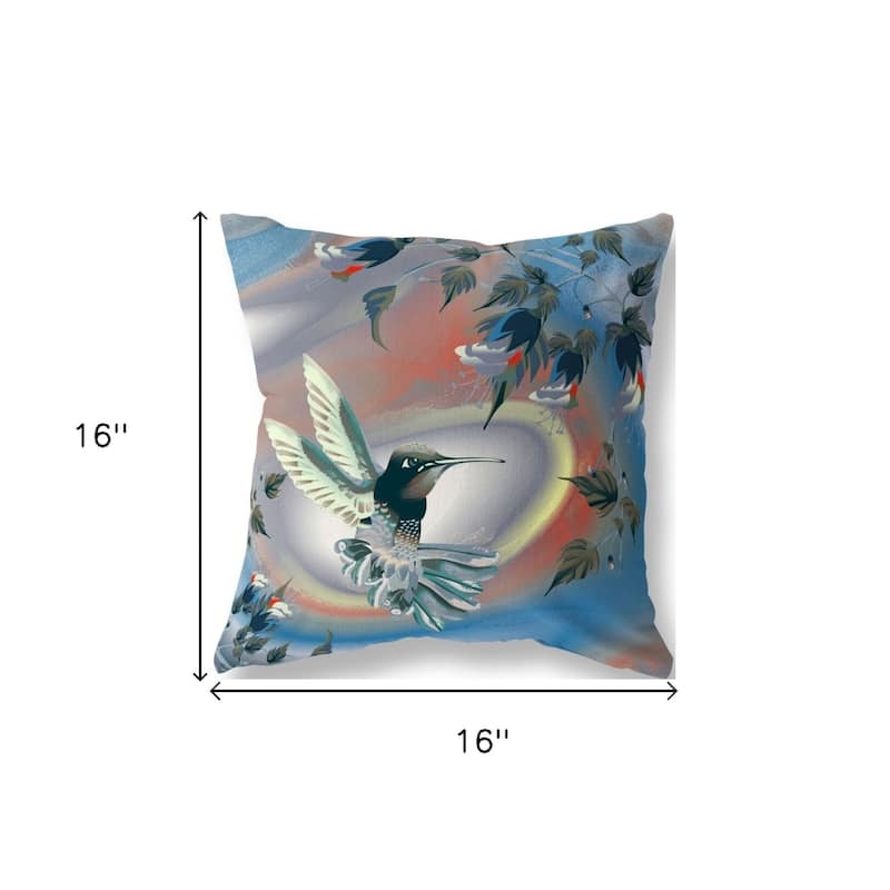 HomeRoots 16" X 16" Blue and Gray Bird Blown Seam Floral Indoor Outdoor Throw Pillow - 16.00' X '16.00' X '5.00