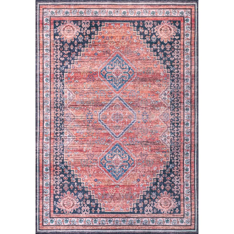 JONATHAN Y Didim Geometric Medallions Machine Washable Area Rug - 4 X 6 - Terra/Navy