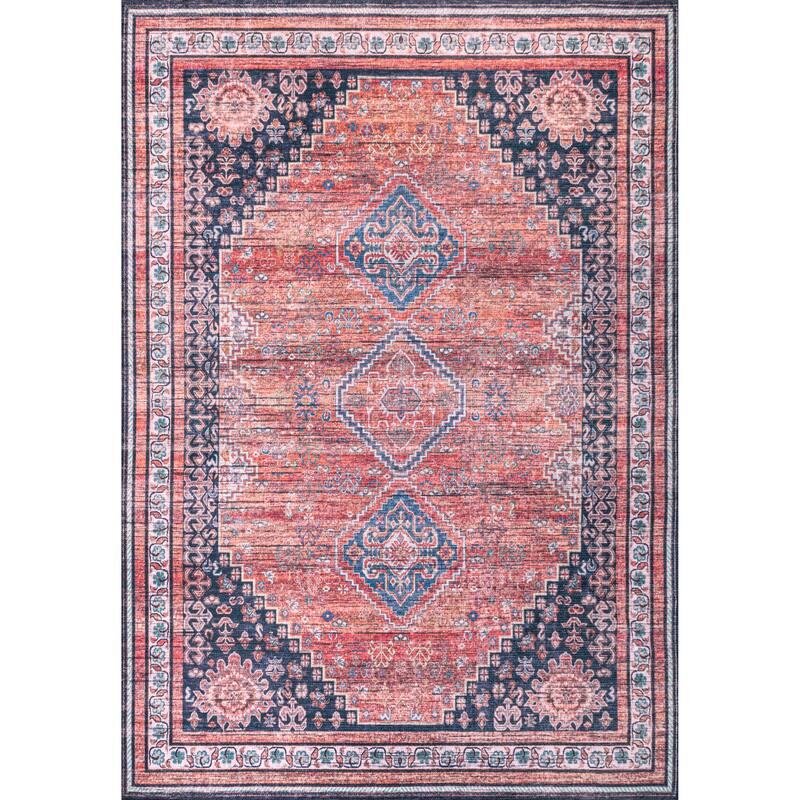 JONATHAN Y Didim Geometric Medallions Machine Washable Area Rug - 9 X 12 - Terra/Navy
