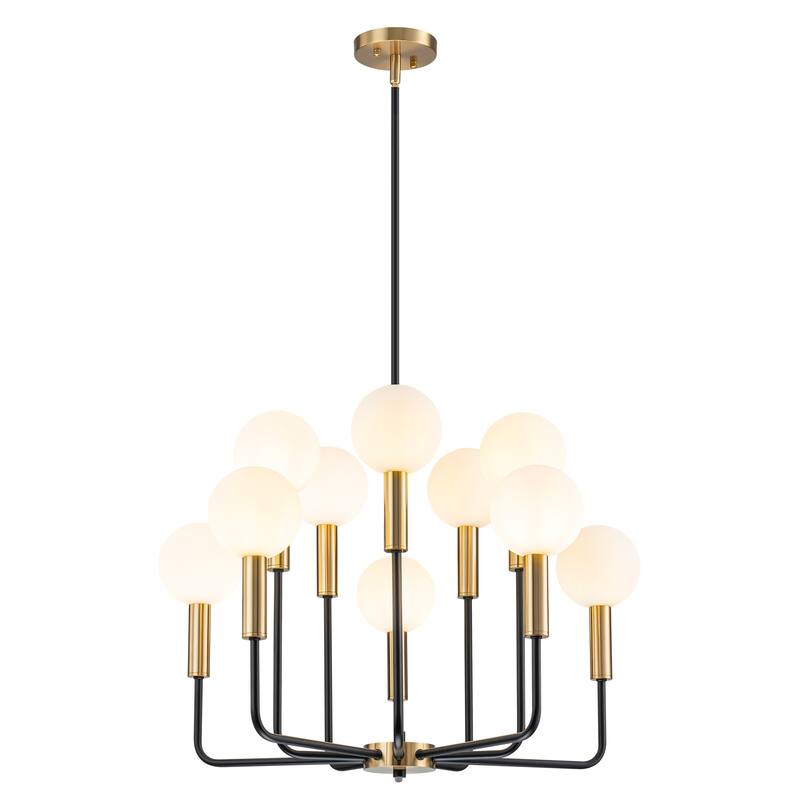 10-Light Modern Transitional Black and Gold Uplight Frosted Glass Globe Chandelier - 27.56 in. W x 19.69 in. H