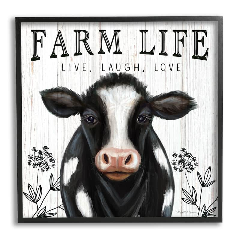 Stupell Farm Life Dairy Cow Sign Wildflower Florals Framed Wall Art - Black