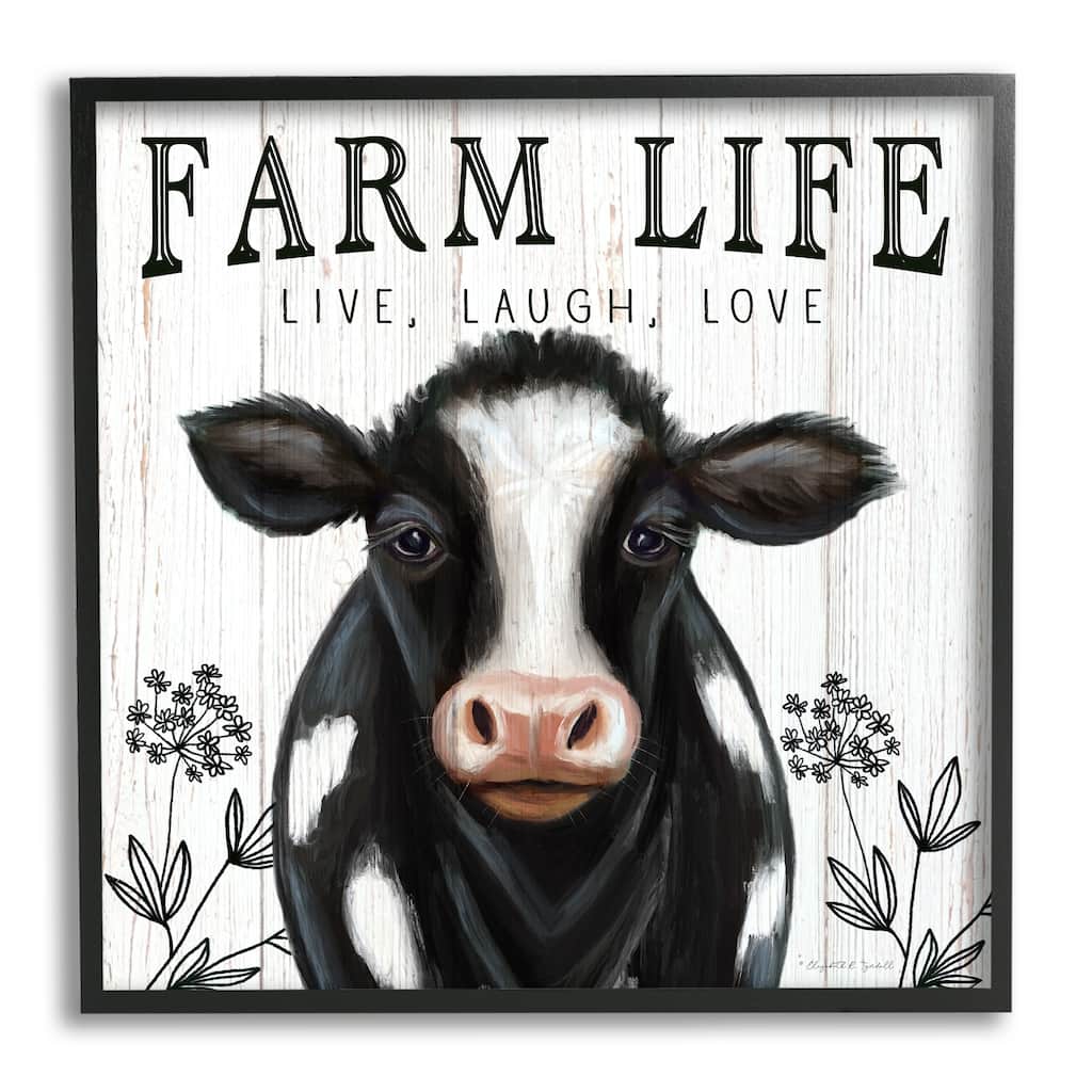 Stupell Farm Life Dairy Cow Sign Wildflower Florals Framed Wall Art - Black