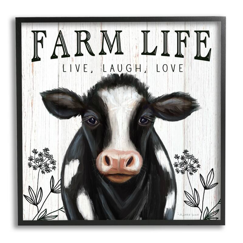Stupell Farm Life Dairy Cow Sign Wildflower Florals Framed Wall Art - Black