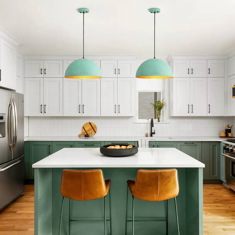 15.7" 1-Light Retro Antiqued Green Hammered Dome Pendant with Gold Interior Hanging Light for Dining Room