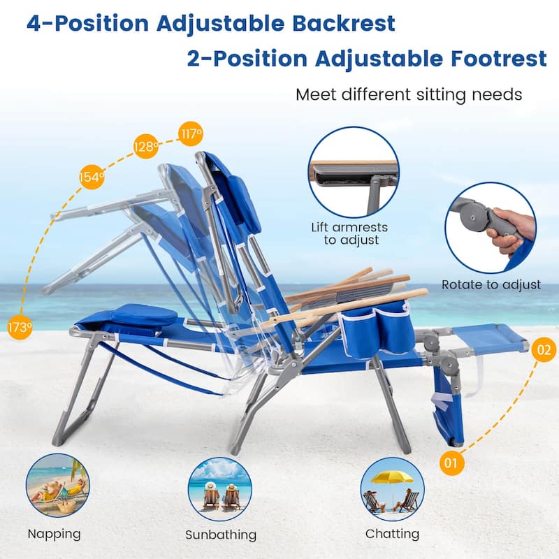 Costway 1/2 PCS 3-IN-1 Foldable Beach Chair with Face Hole, Footrest,