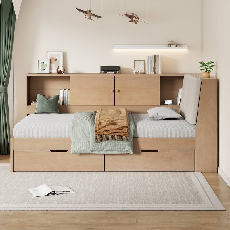 L-shaped Daybed Wooden Corner Sofa Bed Frame with Sliding Doors Bookcase Captains Bed, Upholstered Headboard Built-in Storage