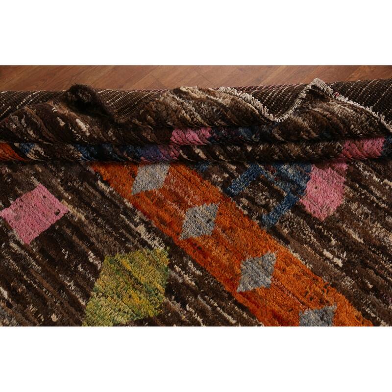 Brown Geometric Moroccan Area Rug Hand-Knotted Wool Carpet - 6'10" x 9'10"