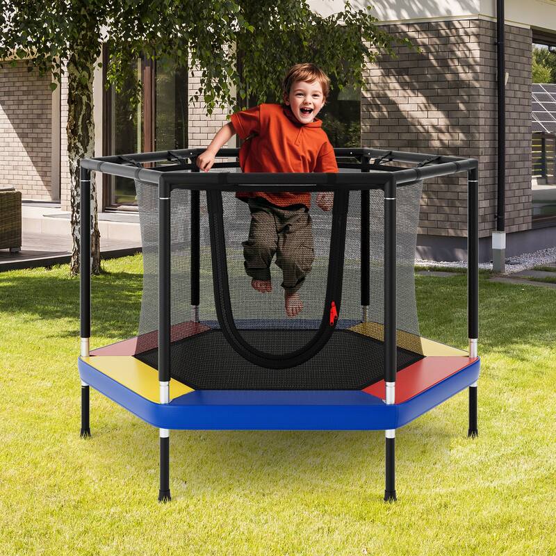 Multi Color Steel Hexagonal Kids Trampoline with Safety Net and Handrails