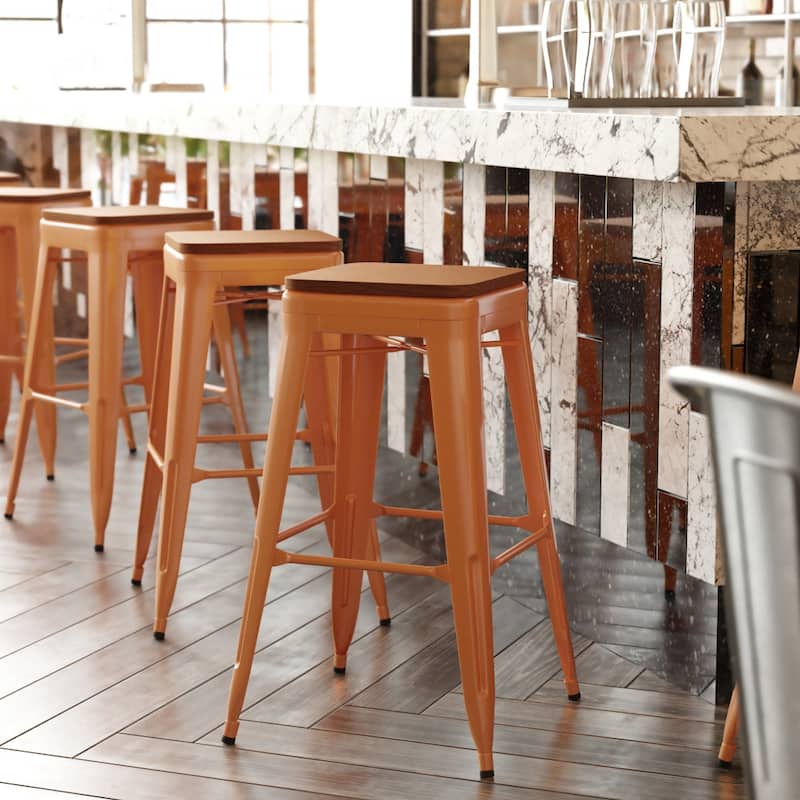 Indoor/Outdoor Backless Bar Stool with Poly Resin Seat - Orange/Teak