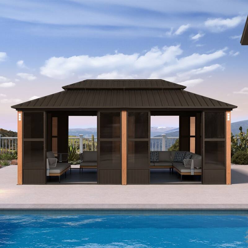 PURPLE LEAF Bronze Sunroom Double Top Outdoor All-Weather Screen House Patio Hardtop Gazebo