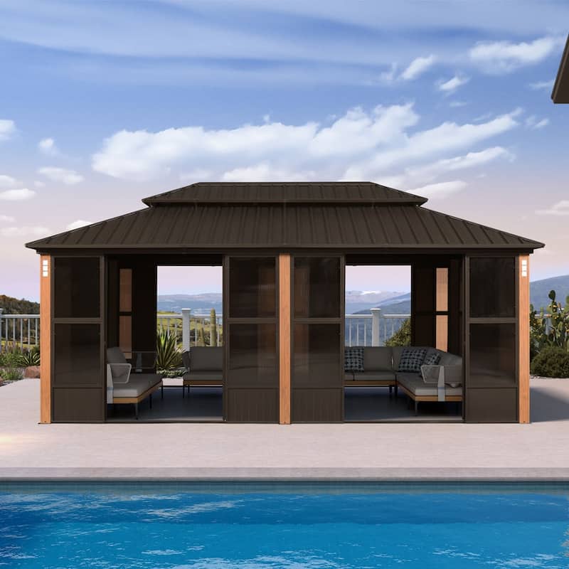 PURPLE LEAF Double Top Outdoor Sunroom Screen House Patio Hardtop Gazebo