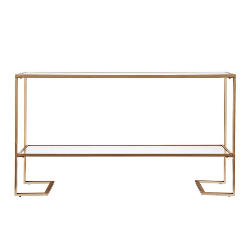 Clear Glass Gold Metal Console Table and Rectangular Sled Base with Shelves - 52” L x 12” W x 29” H