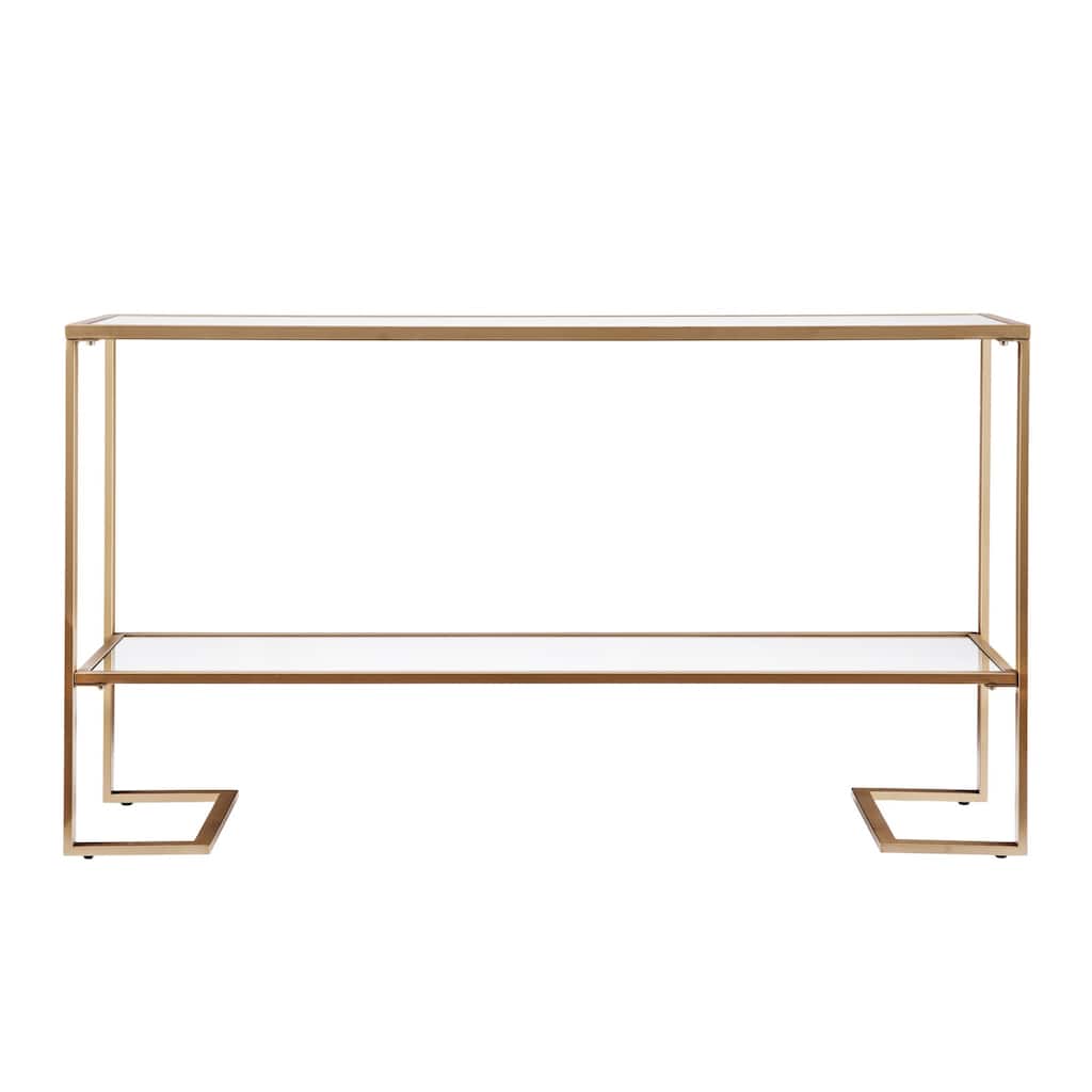 Clear Glass Gold Metal Console Table and Rectangular Sled Base with Shelves - 52” L x 12” W x 29” H