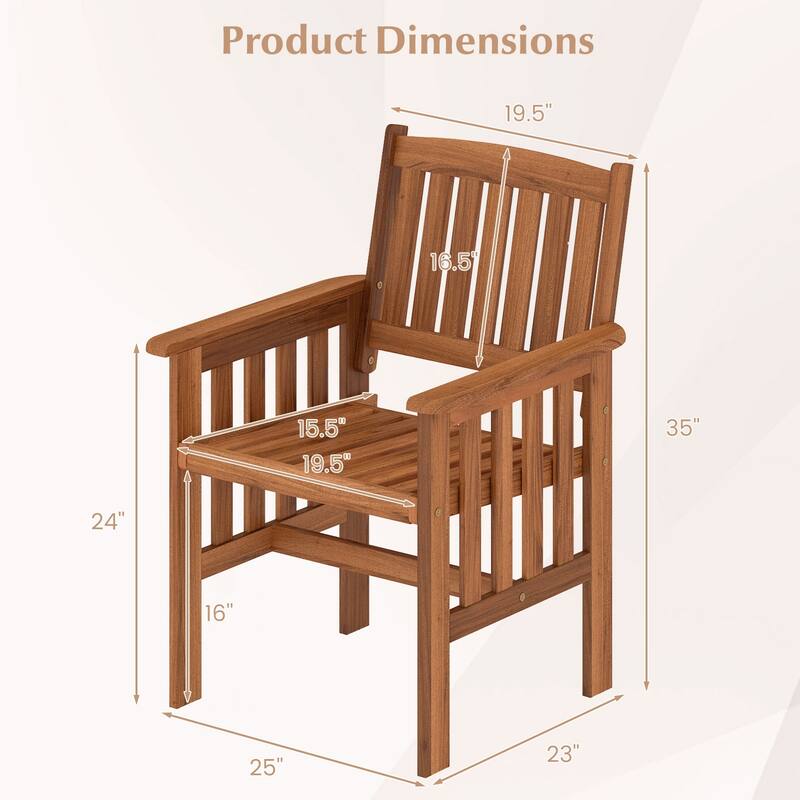 2 Wooden Patio Chairs with Inclined Backrest and Armrests Perfect for Garden Balcony - 25" x 23" x 35"