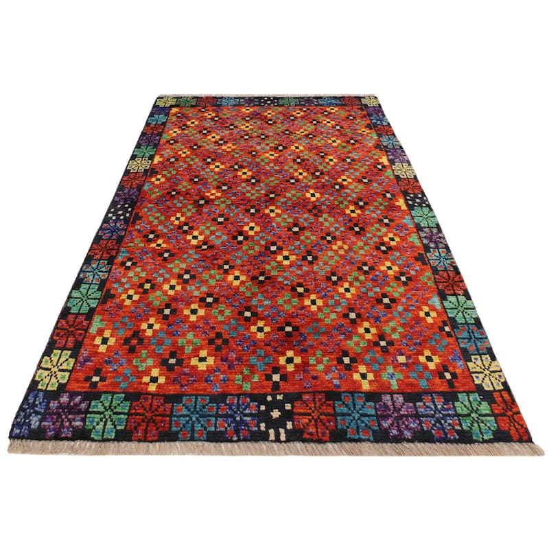 Eclectic Balochi Peters Orange/Black Hand Knotted Wool Rug - 3'4'' x 4'9''