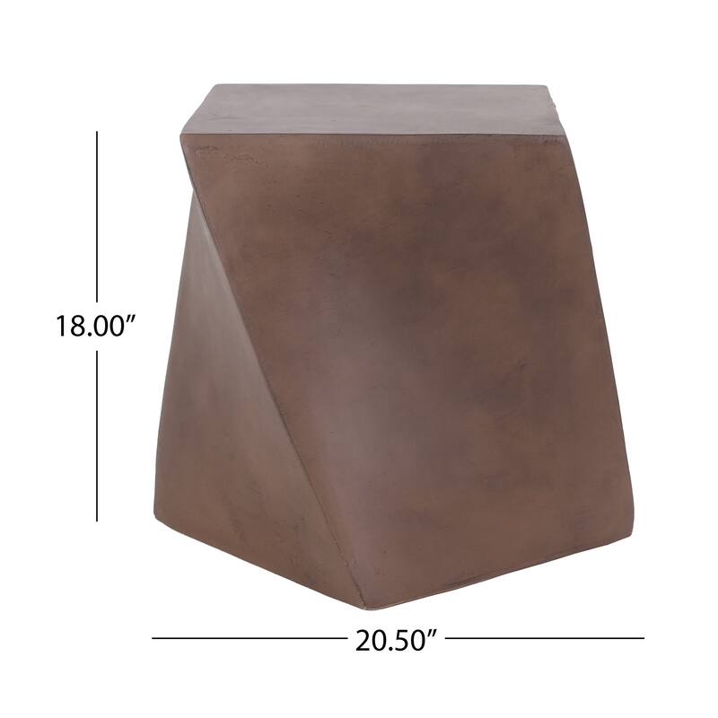 Outdoor Side End Table, Twisted Cube Shape Brown Faux Concrete 21 Inch