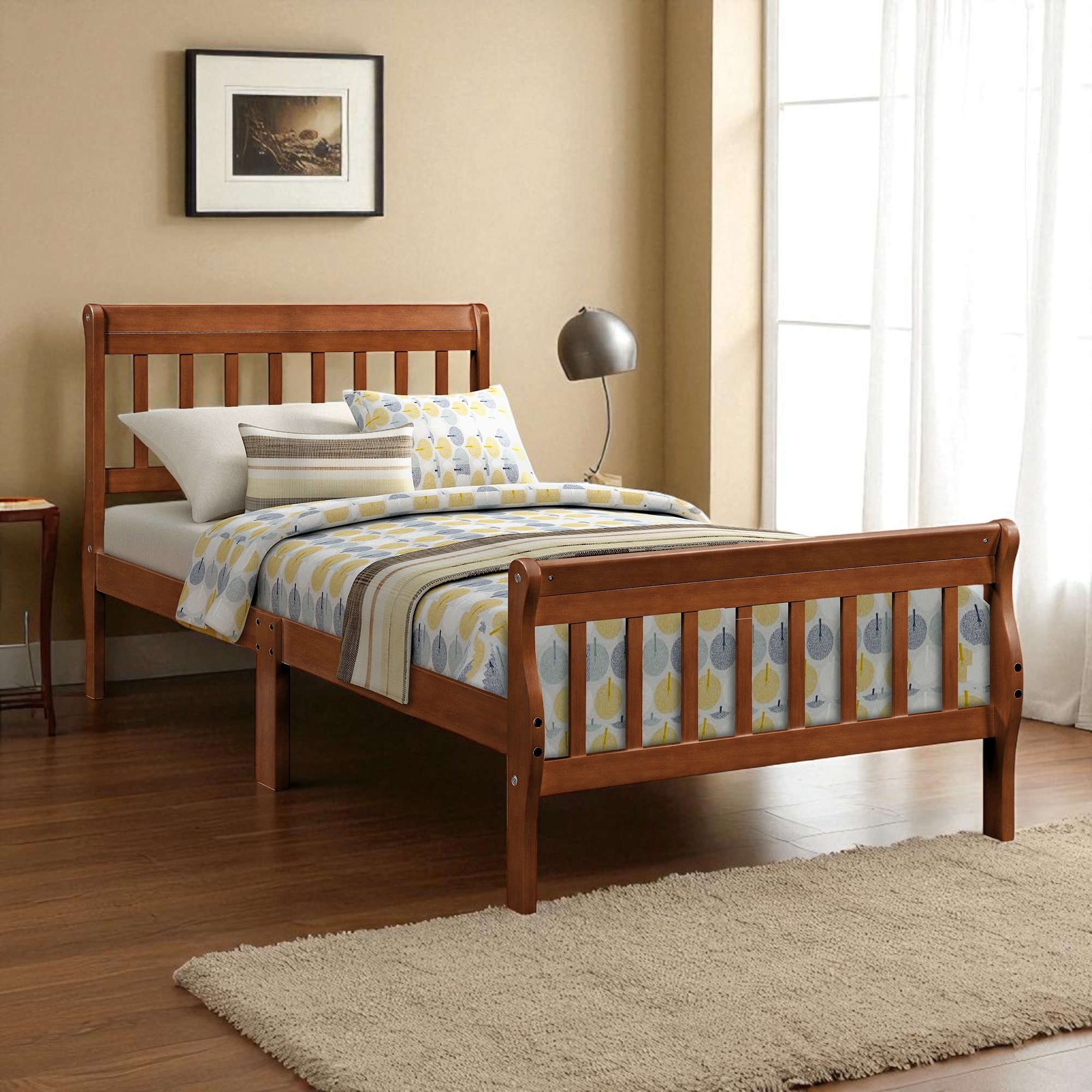 Twin Size Wood Platform Bed Frame with Hollow Headboard and Footboard, No Box Spring Needed