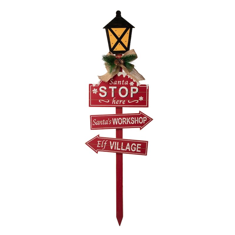 Glitzhome Christmas Lighted Wooden Santa Stop Here Yard Stake Outdoor Decor